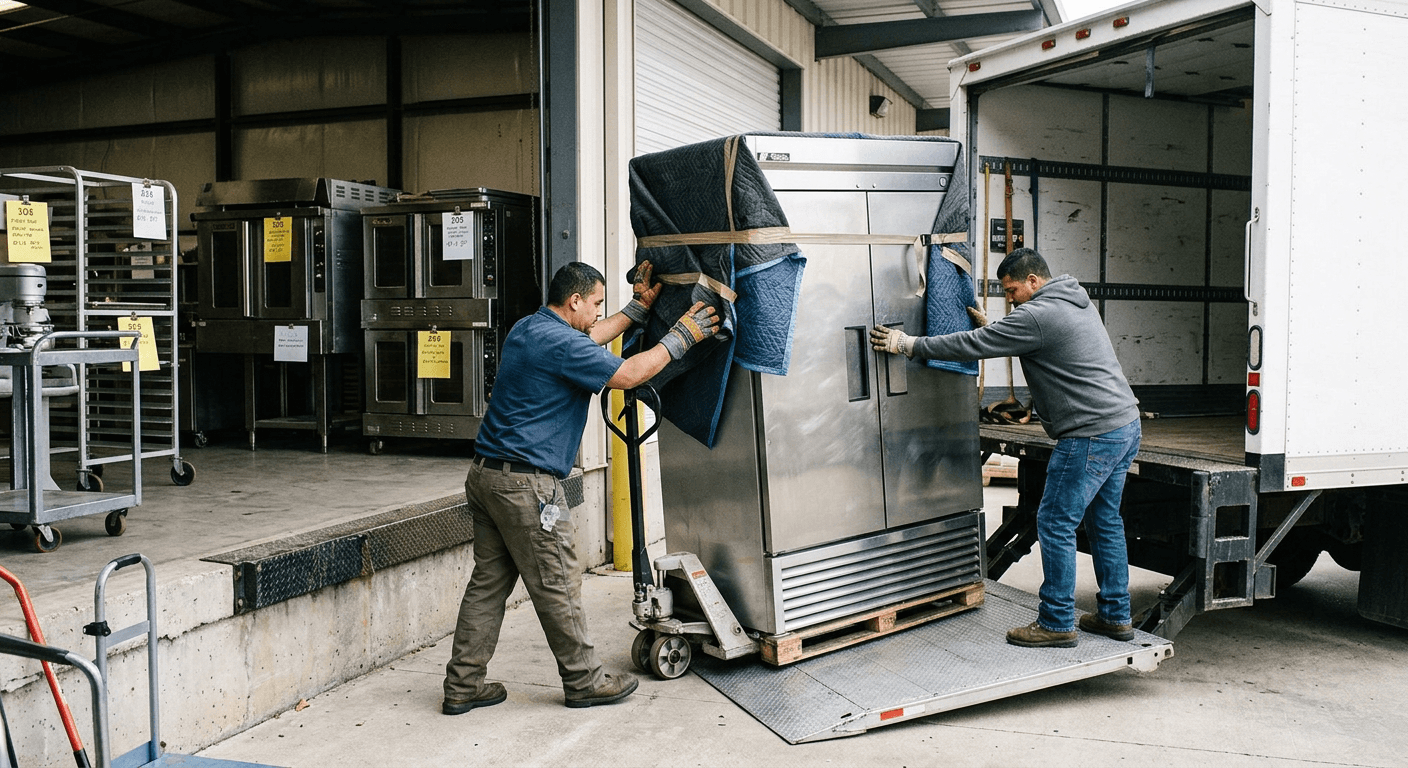 Movers loading a blanket-wrapped stainless steel reach-in refrigerator onto a freight truck liftgate at a warehouse loading dock