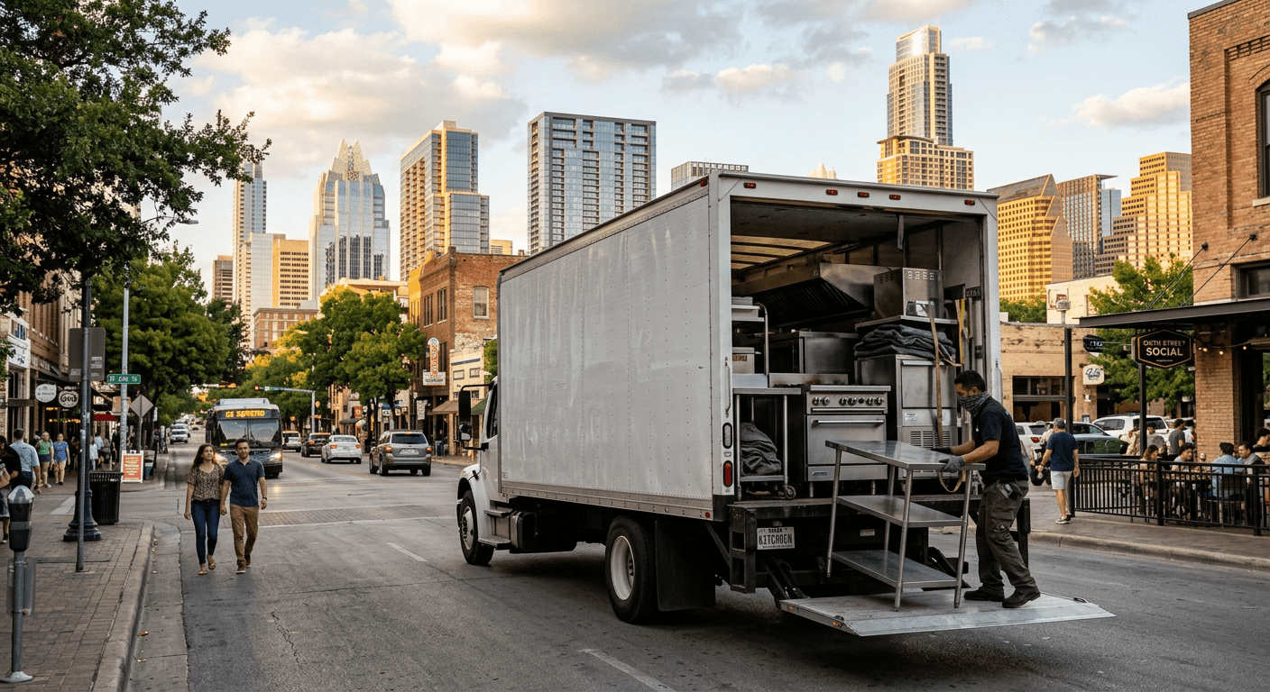 Box freight truck loaded with stainless steel commercial kitchen equipment on a downtown Austin, Texas street with the city skyline behind it