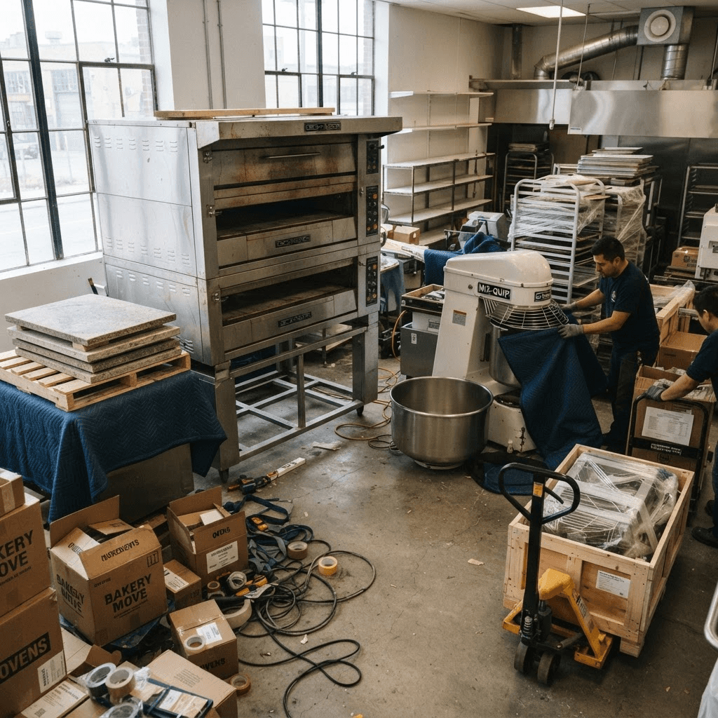 Commercial bakery deck oven with stone hearth decks and a spiral dough mixer being prepared for crating and freight shipping