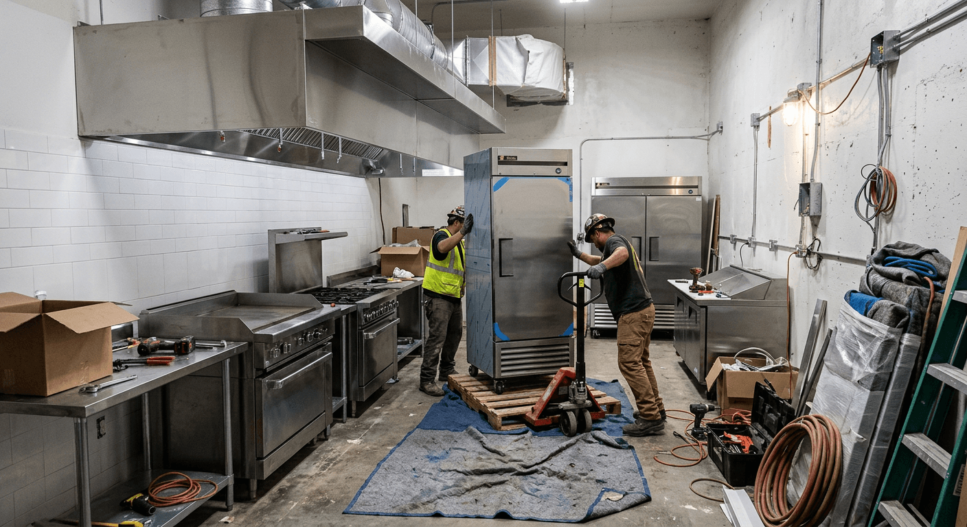 Stainless steel cooking line and reach-in refrigerators being installed in a compact windowless ghost kitchen commissary bay with a commercial exhaust hood overhead