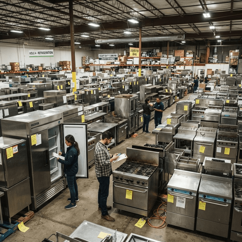 Buyers inspecting used stainless steel commercial kitchen equipment at a restaurant liquidation warehouse