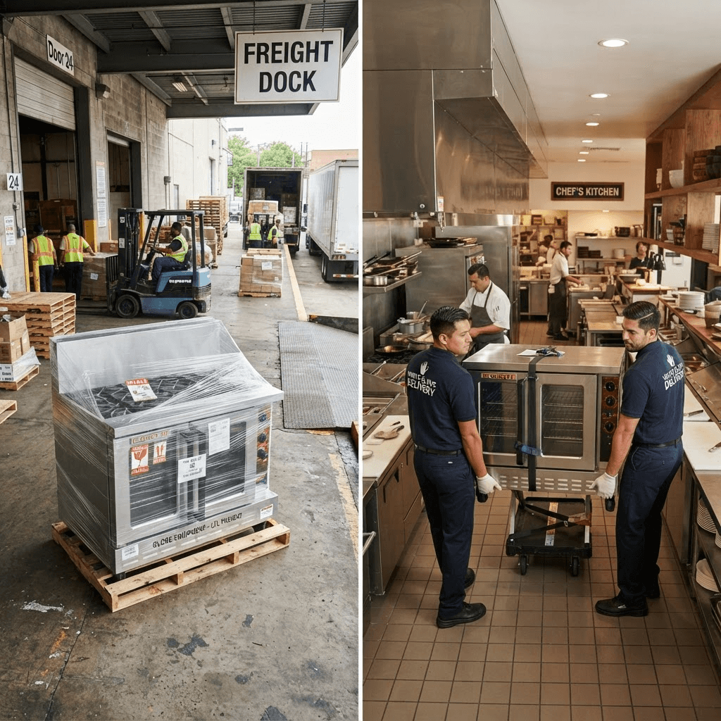 Comparison of standard LTL freight versus a white-glove delivery crew carrying commercial kitchen equipment into a restaurant