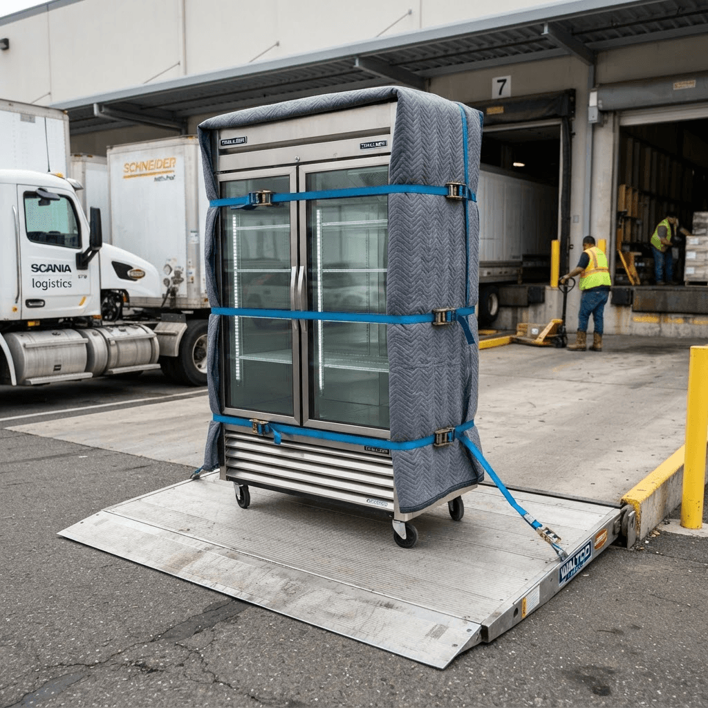 Commercial reach-in refrigerator strapped upright on an air-ride freight truck lift gate for damage-free restaurant equipment shipping
