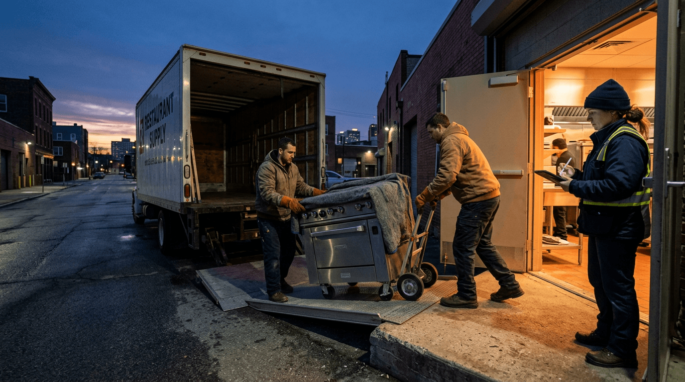 Movers wheeling a blanket-wrapped stainless steel range off a truck liftgate toward a restaurant kitchen door before sunrise while an installer waits