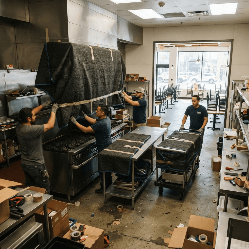 Restaurant equipment movers wrapping stainless steel commercial kitchen equipment in moving blankets during a restaurant relocation