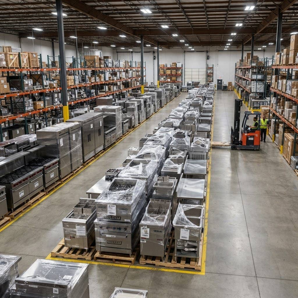 Commercial kitchen equipment logistics — restaurant equipment shrink-wrapped on pallets inside a warehouse before shipping
