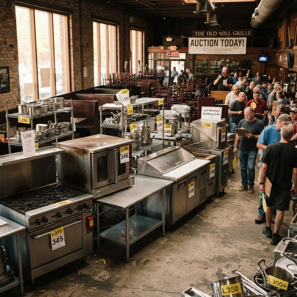 Used commercial kitchen equipment tagged with auction lot numbers inside a closed restaurant