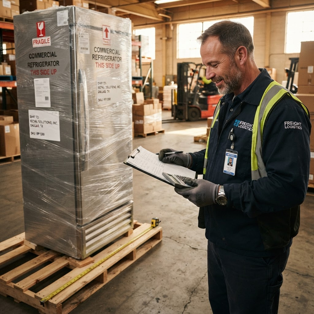 Freight worker measuring and labeling a shrink-wrapped commercial refrigerator to estimate restaurant equipment shipping cost