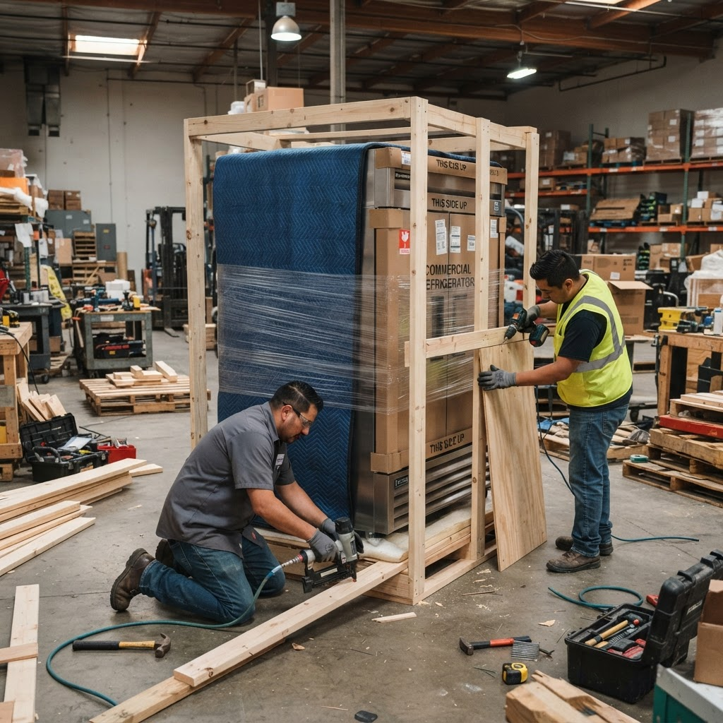 Workers building a custom wooden crate around a commercial refrigerator
