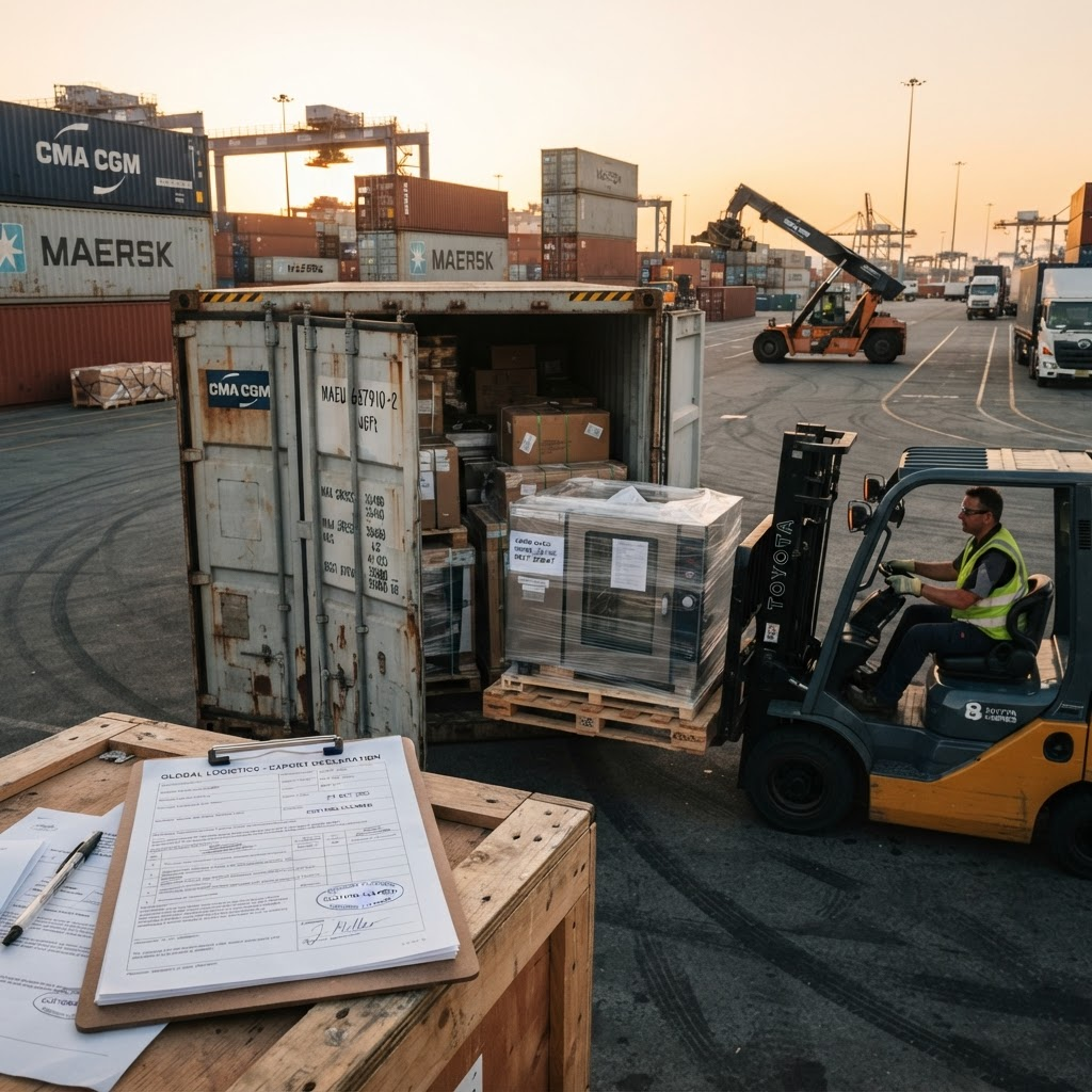 A shipping container being loaded with palletized commercial kitchen equipment