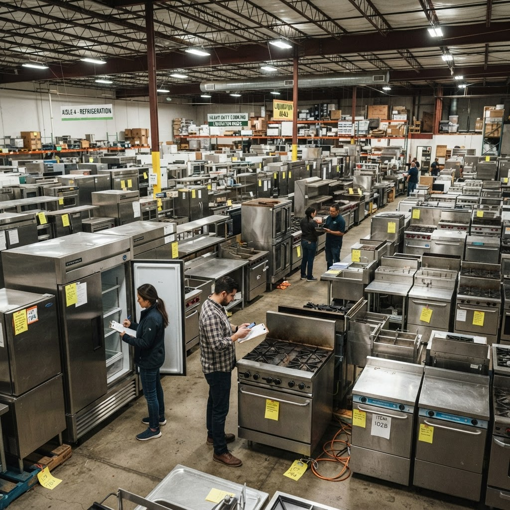 Buyers inspecting used stainless steel commercial kitchen equipment at a restaurant liquidation warehouse