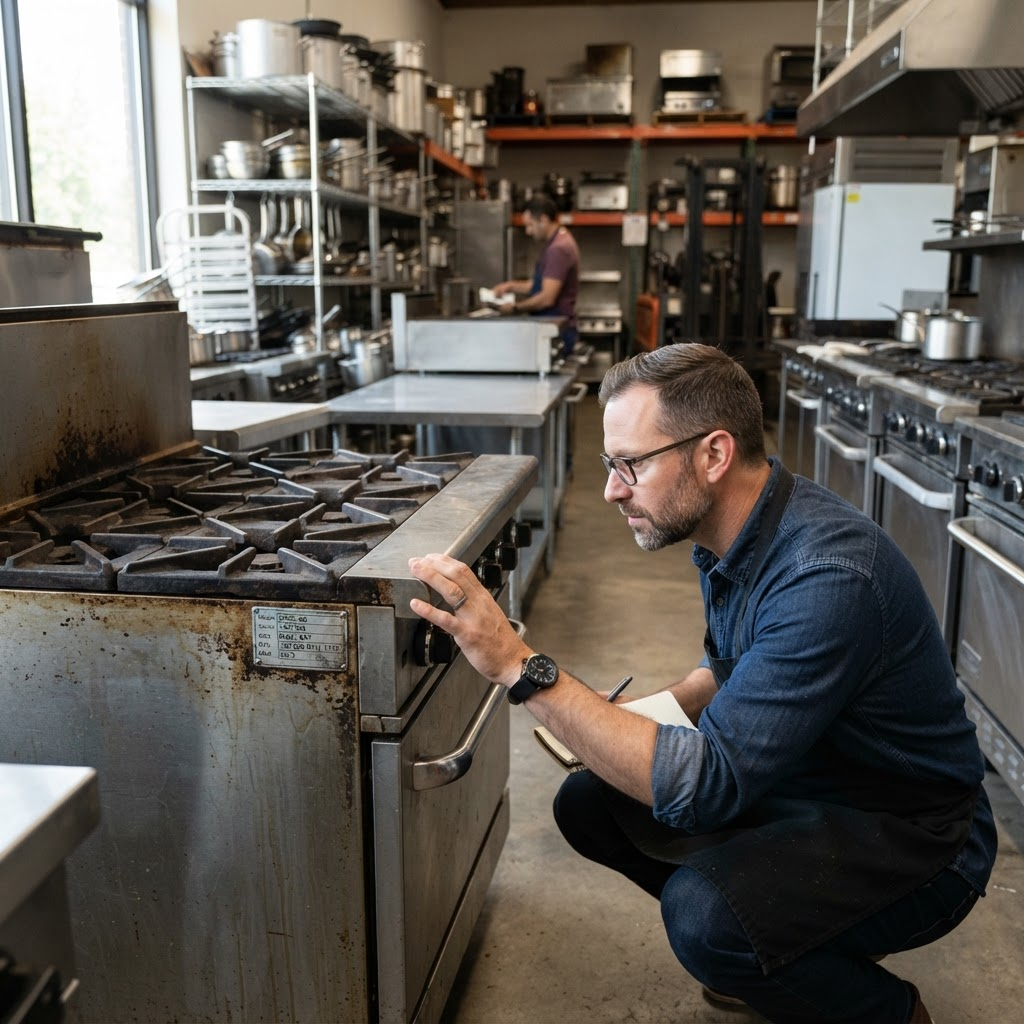 Restaurant owner inspecting the spec plate on a used commercial range before arranging commercial kitchen equipment transport
